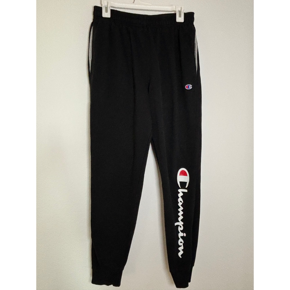 Champion Mens Jogger Sweatpants Black Graphic Logo Fleece Pants Size‎ Large